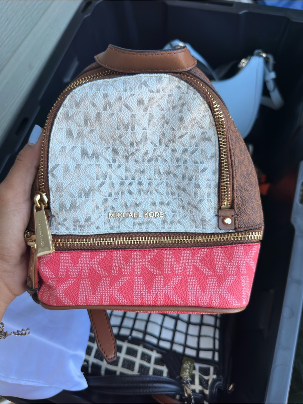 Michael Kors Tri-Tone Logo Mini Backpack - White, Brown & Coral Pink